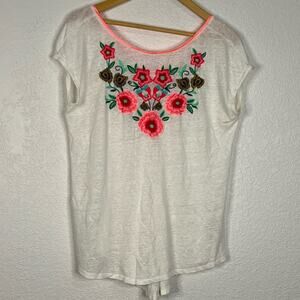 Sundance floral embroidered linen short sleeve shirt Bohemian Western Casual